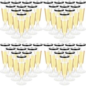 CHENGU 150 Pcs Champagne Flutes 5 Oz Plastic Disposable Champagne Flutes Crystal Wine Glasses Reusable Plastic Cocktail Cups for Wedding Celebration Birthday Party Toasting Drinking (Black Rim)