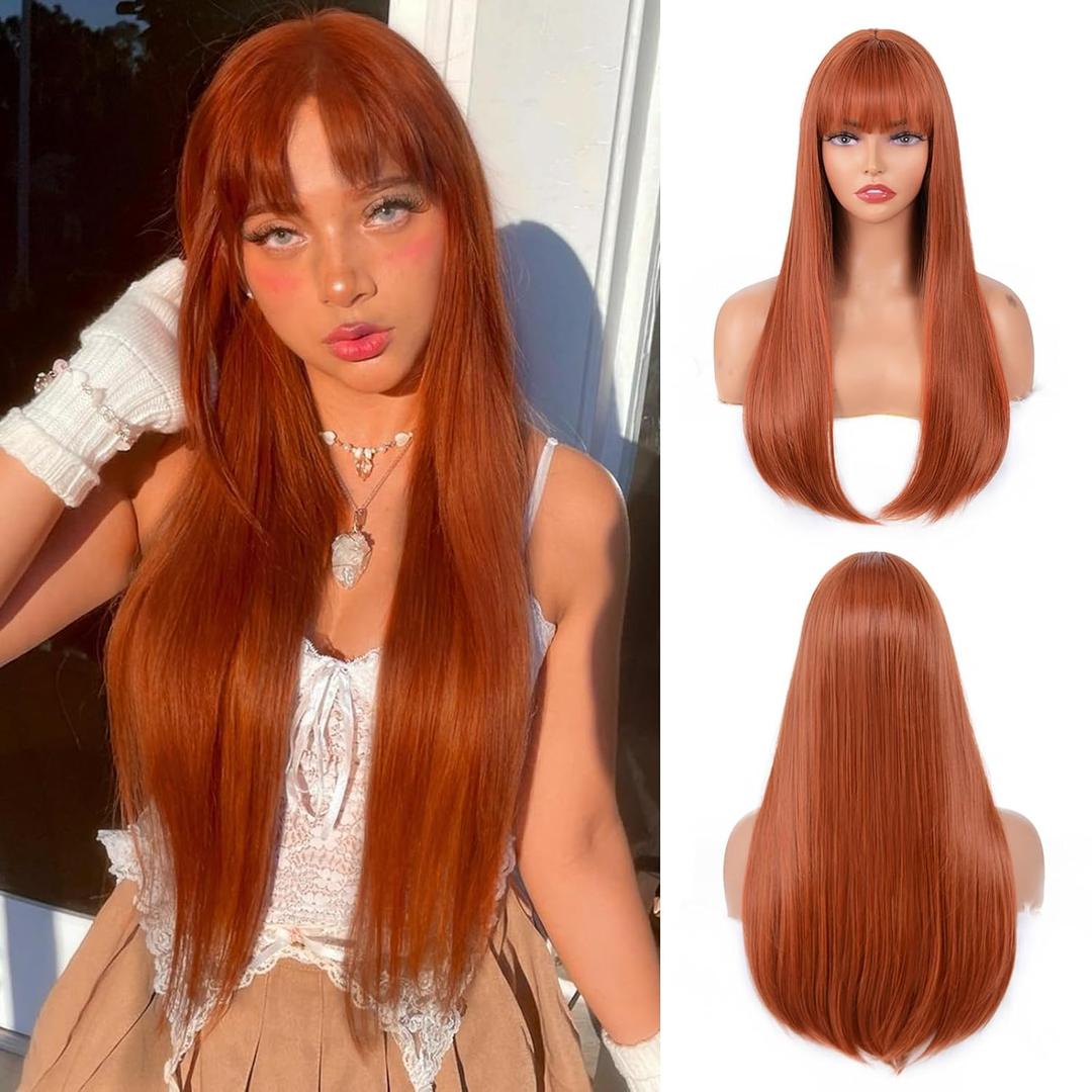 Ginger Wig with Bangs for Women  Long Straight Heat Resistant Synthetic Wig for Daily Use, Party, Halloween, Cosplay  24 Inch Ginger Wigs for Girls
