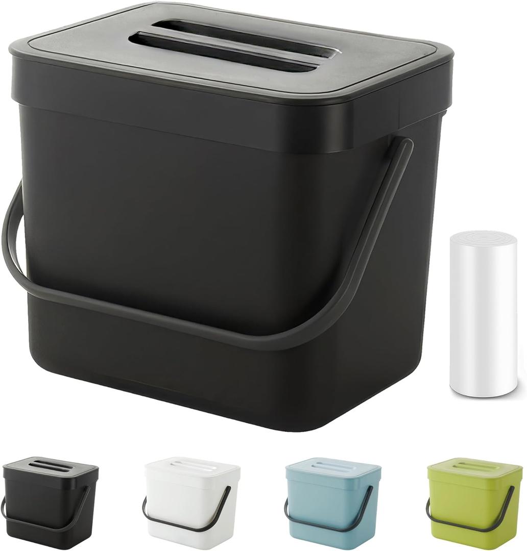 MONGTINGLU Countertop Compost Bin Kitchen, 1.8 Gallons Hanging Trash Can with Lid for Kitchen Cabinet Door, Under Sink, Wall Mounted Waste Bin for Bathroom, 7L(Black)