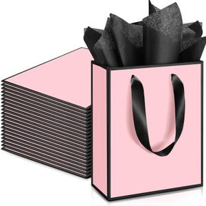 Yeaqee 24 Pack Metallic Paper Gift Bags with Handle and Tissue 9x7x3.1 Gold Foil Welcome Thank You Favor Bags Return Gifts for Wedding Mothers Graduation Bridesmaid Birthday(Light Pink and Black)