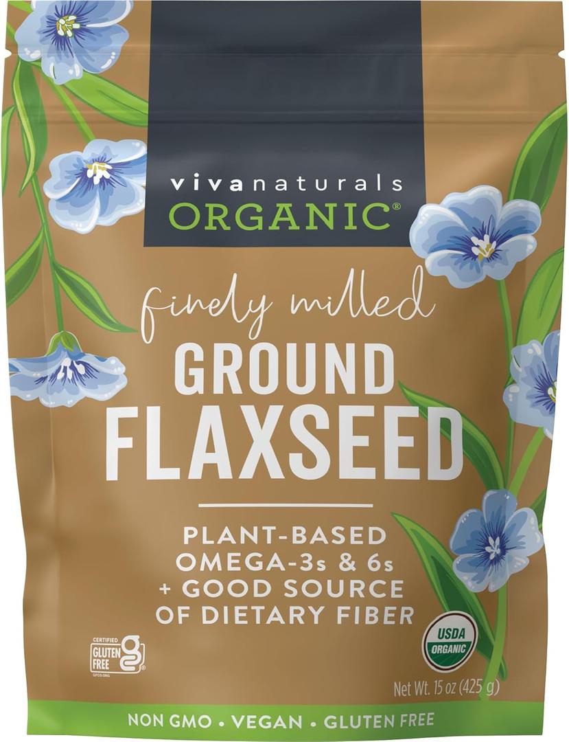 5 x Viva Naturals Organic Ground Flaxseed, 15 oz (425 g) Plant-Based Protein, Vegan Omega-3 & Fiber, Finely Milled Flax Seeds, Perfect for Smoothies & Baking