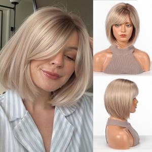 HAIRCUBE Bob Wigs for Women, Short Synthetic Wig with Bangs, Heat Resistant Natural Wig, Light Blonde