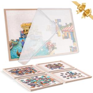 Puzzle Board with 4 Sorting Trays, Playing Surface with Protective Cover for 1000 Pieces, 31.5" x 24" Felt Display Board