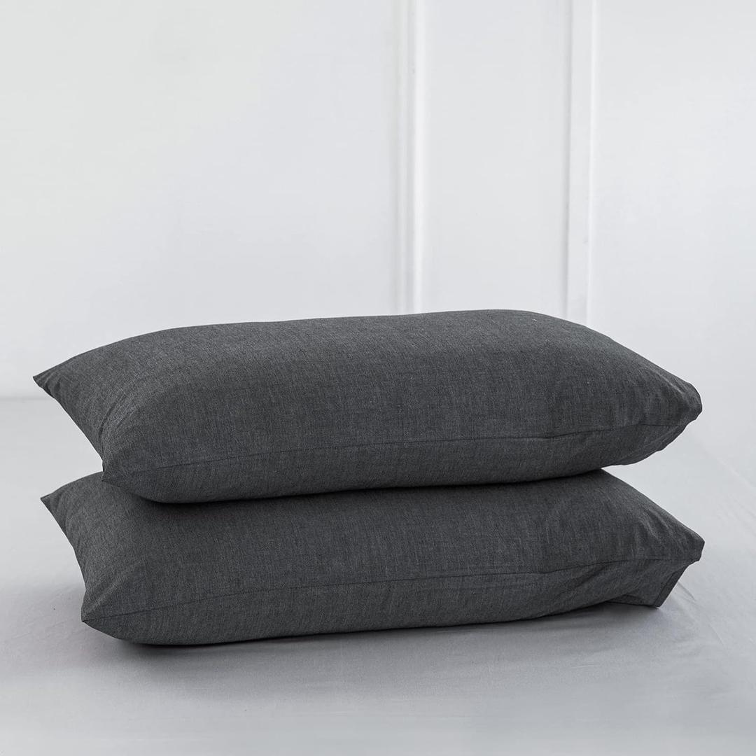 MooMee Bedding Pillowcases Pack of 2 100% Washed Cotton Linen Like Textured Breathable Durable Soft Comfy (Heathered Dark Grey, Standard)