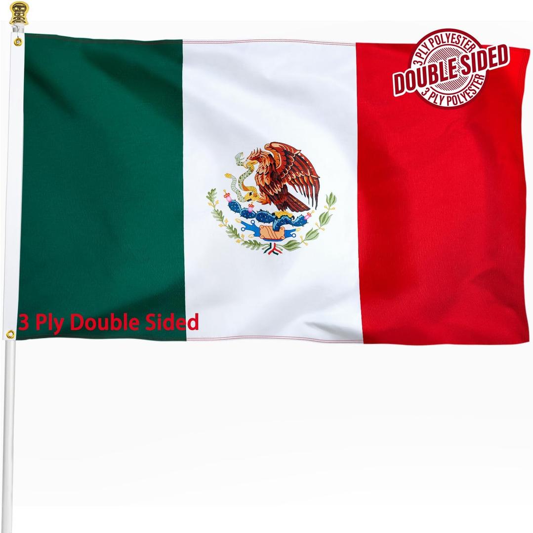 Mexico Mexican Flag 3x5 ft Outdoor, Double Sided 3 Ply Heavy Duty National Flag for MX, 100% Quality Polyester Mexico Mexicana Banner with Brass Grommets 4 Rows Stitches