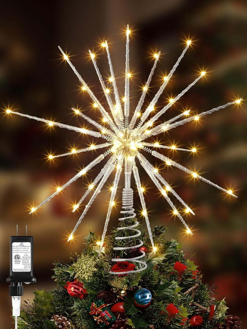 16 Inch Glittered Christmas Tree Topper 3D Burst with LED Light, 25 of 100 Lights Twinkle, Sparkly Christmas Star Tree Topper with Timing Function for Xmas Trees Decorations (Silver)