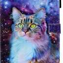 KEROM Case for Fire HD 10 Tablet (9th/7th/5th Generation, 2019/2017/2015 Release), PU Leather Folio Stand Protective Cover Case with Auto Wake/Sleep, Card Slot, Pen Holder - Space Cat