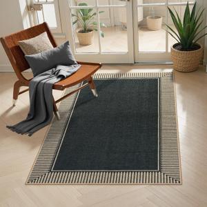 Moynesa Striped Border Easy Jute Outdoor Patio Rug 3x5, Washable Entryway Rug Non Slip with Rubber Backing, Farmhouse Modern Carpet for Backyard Bedroom Living Room Kitchen, Black