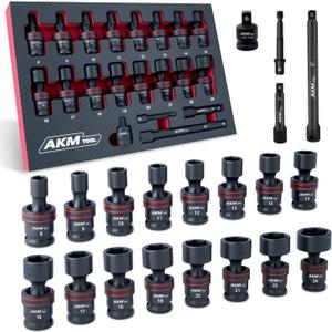 3/8" Drive Universal Impact Socket Set, 20 Piece Swivel Socket Set, Universal Joint Socket 6-Point, Metric, 8-24mm, Cr-Mo,with Extension Bars, Socket Adapter, Drill Bit Adapter