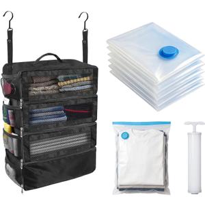 Suitcase Organizer, Travel Luggage Organizer Portable Hanging Travel Shelves Collapsible Hanging Packing Cubes for Carry on Suitcase with 5 Medium Vacuum Storage Bags and Hand Pump,Black