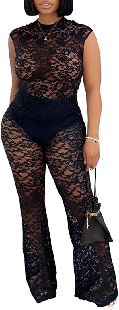 knowfashionstyle Two Piece Sets For Women Sexy Mesh Print See Through Going Out Birthday Club Outfits Bodycon Summer Pant Set (XX-Large)