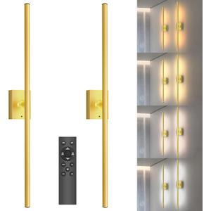 Yurnero Rechargeable Battery Wall Sconces Set of Two - Wireless Operated Modern Remote Dimmable Black & Gold Cordless Wall Light Sconce for Bedroom, Bathroom, Entryway, Decor & Task Lighting (31.5in)
