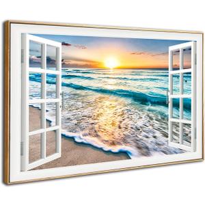 DUN HUANG ART Wave Canvas Wall Art Sunset Ocean Canvas Wall Art for Bedroom Decor - Beach Sunset Ocean Nature Pictures - Stretched Seascape Giclee Artwork with Frame- Ready to Hang - 16x24 inches