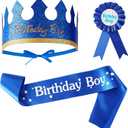Birthday King Crown Hat Birthday Boy Sash and Button Pin Party Decorations Dress Up Accessories Blue