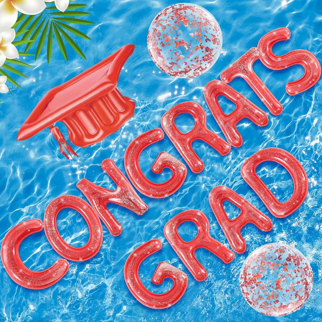 Sumind 15 Pcs Congrats Grad 2026 Graduation Pool Floats 20" Inflatable Letter Pool Float Glitter Prom Party Decor with Grad Cap & Ball for Graduation Party, Photo Props, Beach Games(Red)