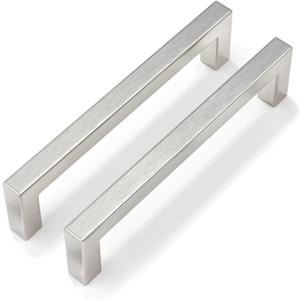 goldenwarm 10 Pack 5 Inch Brushed Nickel Cabinet Pulls Square Drawer Handles Silver Kitchen Hardware Cupboard Dresser (5in(128mm) hole centers)