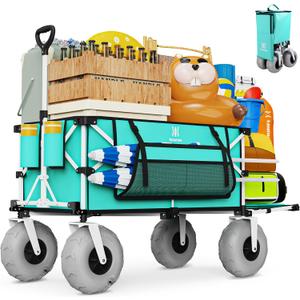 Navatiee 260L Beach Wagon with Extended Tailgate, 440lbs Heavy Duty Beach Cart with 9 Big Balloon Wheels for Sand, Collapsible Folding Wagon with Side Pocket for Outdoor, Light Blue