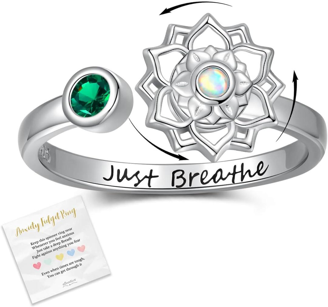 Fidget Spinner Anxiety Rings for Women: Sterling Silver Lotus Just Breathe Adjustable Stress Relieving Birthstone Jewelry Gifts for Daughter