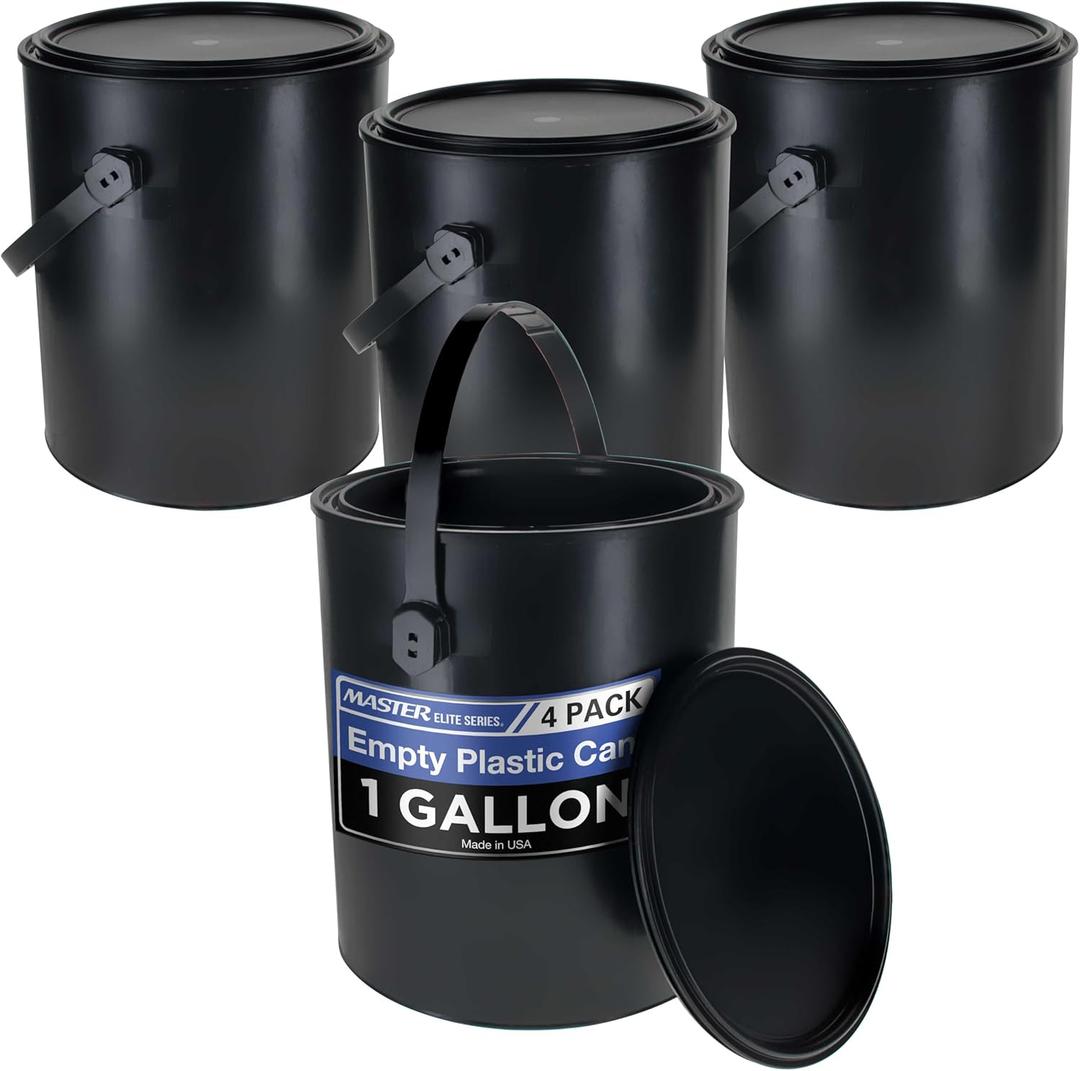 Master Elite 1 Gallon Plastic Paint Can Bucket, Pack of 4 - Triple Lock Airtight Lid Seal, 128 fl. oz. All-Plastic Coating Storage Can - Pail Handle, Rust Proof, Dent Proof & Odor Resistant