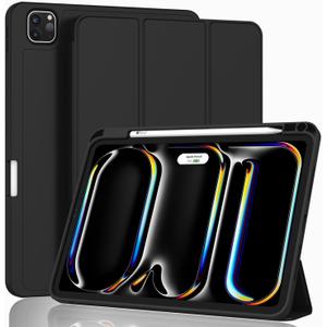 ZryXal iPad Pro 11 Inch Case (M5) 2025/ (M4) 2024 (Model: A3357,A3358,A3359,A2836/A2837/A3006), Trifold Stand Smart Cover with Pencil Holder and Soft TPU Back, Auto Wake/Sleep (Black)