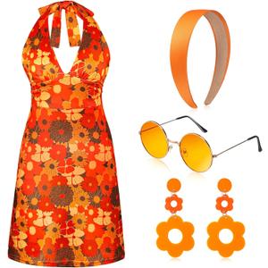 SATINIOR 4 Pcs 60s 70s Women's Hippie Costume Retro Disco Outfit Groovy Dress Headband Earring Sunglasses for Halloween Party (Small)