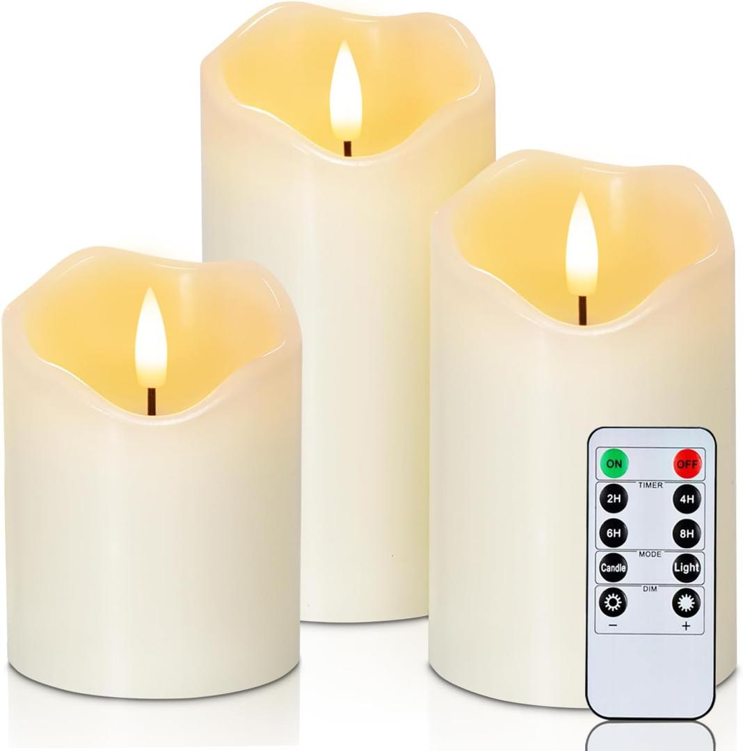 Homemory Flickering Flameless Candles, Realistic LED Candles with Remote and Timer, Real Wax Battery Operated Candles, Set of 3, Ivory (D3"x4"5"6")