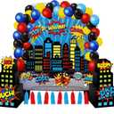 Tiamon 86 Pcs Halloween Trunk or Treat Car Decorations Kit with City Skyline Buildings Boxes Banner Balloons Hero Cutouts Blue Red Paper Tassels for SUV Garage Door Decorations Hero Supplies