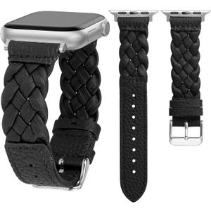 TOYOUTHS Braided Leather Strap Compatible with Apple Watch Band Women 38/40/41/42/44/45/46/49mm Soft Thin Leather Dressy Designer Woven Bracelet for iWatch Series 11 10 9 8 7 6 5 4 Ultra SE 3 2 1 (Black/Silver)