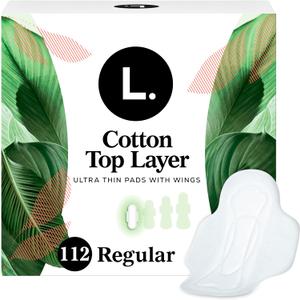 L. Ultra Thin Pads for Women, Regular Absorbency, Organic Cotton Top Layer, Unscented Pads with Wings, 112 CT