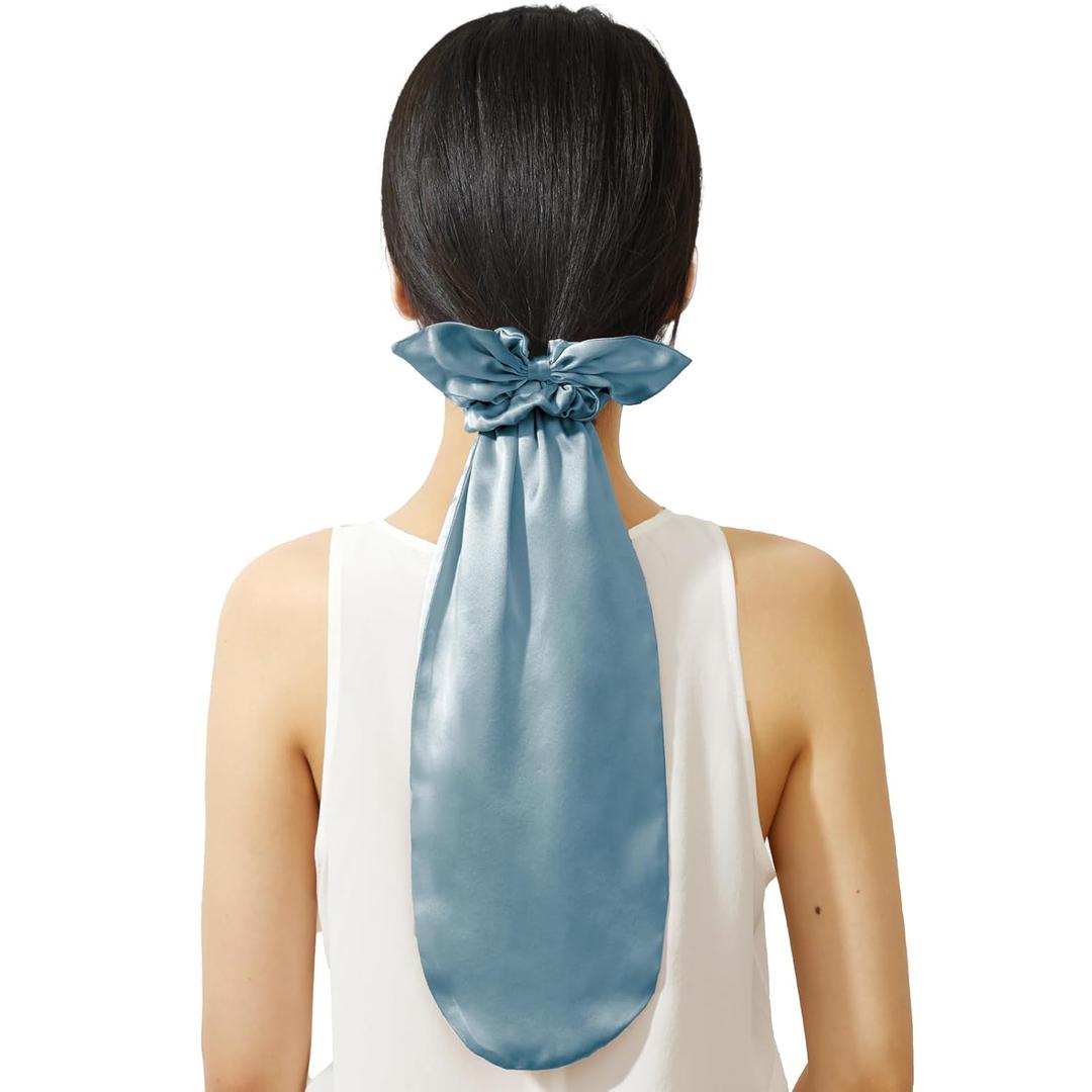 LILYSILK 100% Silk Bonnet for Sleeping & Daily Usage, 2-in-1 Silk Hair Ties with Silk Scrunchies for Long and Curly Hair Elastic Adjustable for Women Ladies and Girls Blue Haze