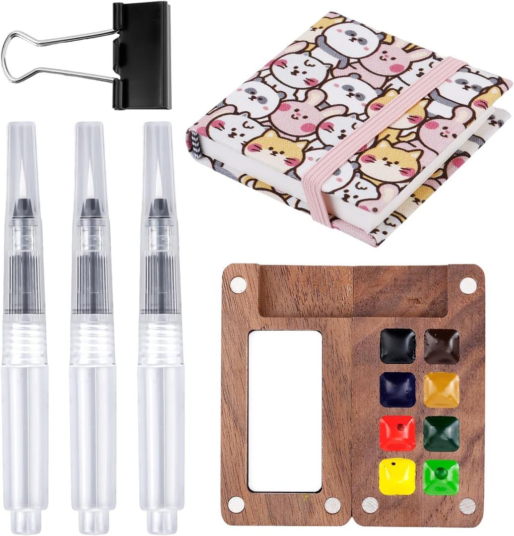 Mini Paint Palette Set, Portable Sketchbook Palette Set 8 Grids Mini Travel Paint Palette with Watercolor Notebook Art Painting Sketchbook Pens Clip for Watercolor Gouache Acrylic Painting (Cute Bear)