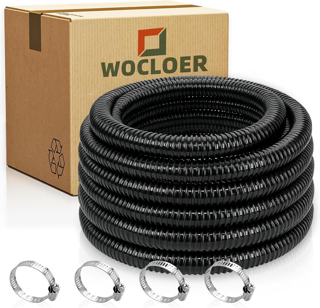 Corrugated Pond Tubing 1" × 10ft — Heavy-Duty Kinkproof PVC Pond Hose for Pumps, Waterfalls & Water Gardens, Flexible Reinforced Black Tube with 4 Stainless Steel Clamps