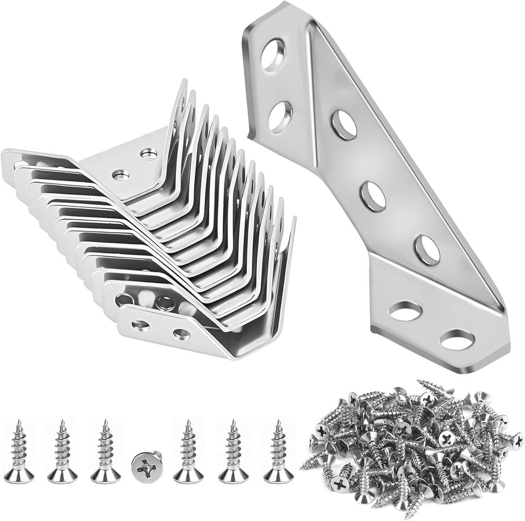 12-Pack Premium Stainless Steel Corner Brackets for Wood Frame, Universal Metal Hardware Corner Braces with Screws, Wooden Furniture Corner Connectors Such as Drawers, Cabinets, Tables and Chairs