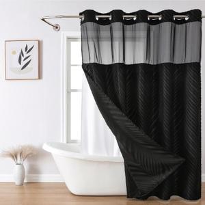 no Hook Shower Curtain and Liner SetBoho Style with See Through Top Window, Black Fabric Tufted Striped Textured Outer Curtain & Waterproof Inner Liner, DarkBlack, 71Wx77H
