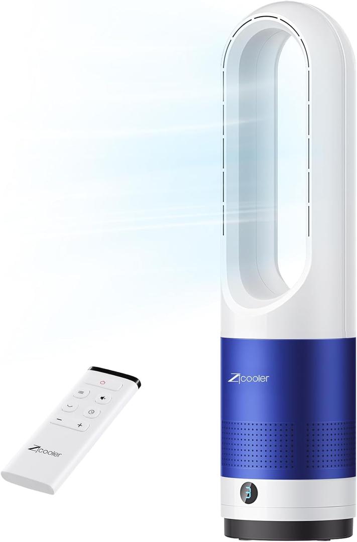 Zicooler Bladeless Fan for Bedroom, 22" Quiet Oscillating Tower Fan with Remote, 8 Speeds, 90 Wide-Angle, 35dB Quiet, 9H Timer, LED Display, Compact Bladeless Tower Fan for Living Room Office Kitchen (White + Blue)