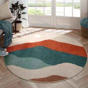 Mountain Round Rugs 6ft, Large Non Slip Circle Rug for Living Room Washable Boho Sunrise Sunset Bedroom Rug, Colorful Stain Resistant Round Carpet for Dining Room Nursery