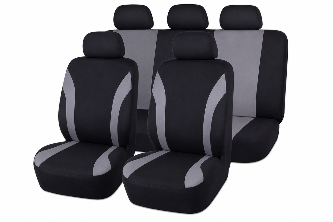 Gray Seat Covers For Cars Full Set, Two-Tone Front Seat Covers With Matching Back Seat Cover, Stylish Car Seat Protectors With Split Bench Design, Automotive Interior Covers