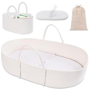 Changing Baskets Set,Moses Basket with Pad and Diaper Caddy,Set of 2 Baskets,Portable Cotton Rope Woven Basket,Replaceable Pad,Gifts for Newborn 28.7" x 15.7" x 7.8"（White）