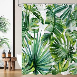 Tropical Leaf Shower Curtain, Green Tropical Palm Leaves Monstera Banana Leaves Bathroom Curtain Waterproof Fabric Machine Washable with Hooks, 72" Wx72 L