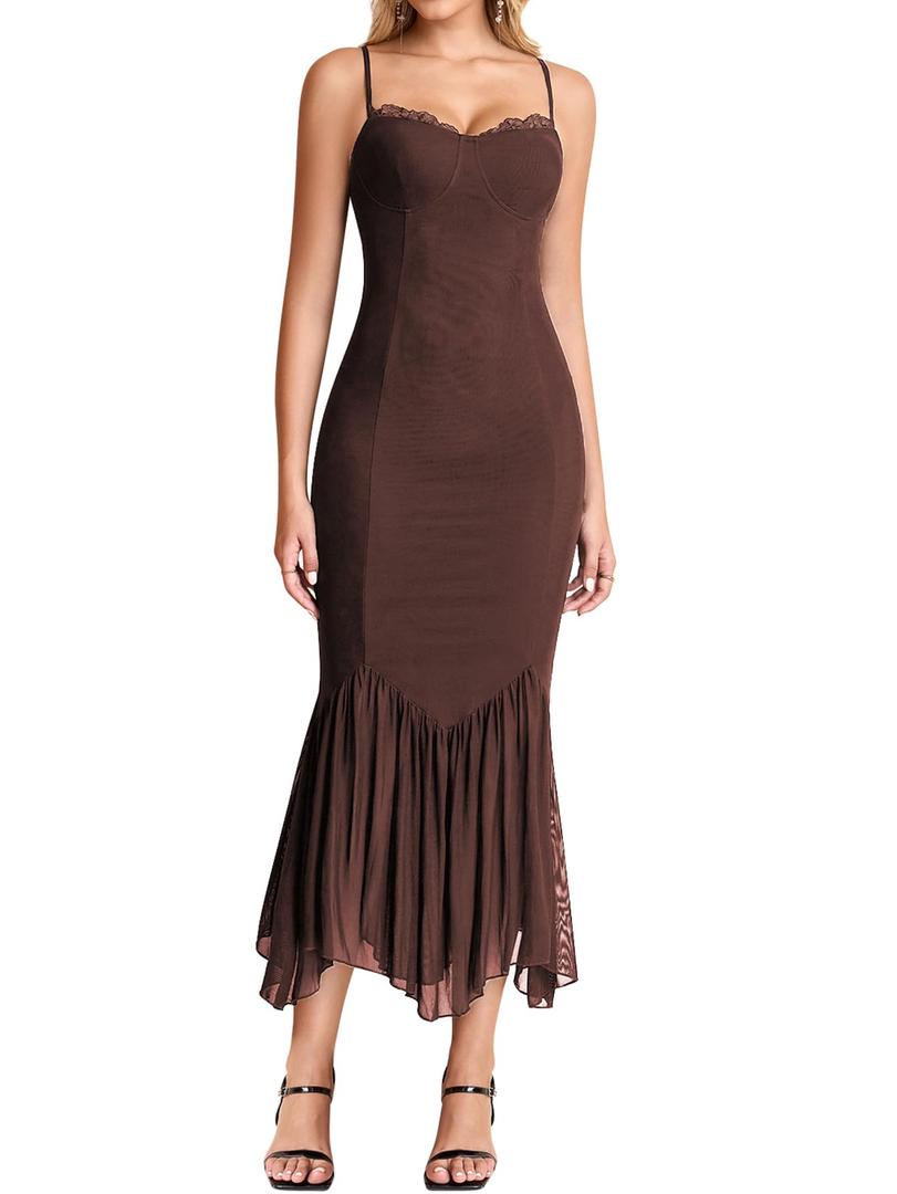KUTUMAI Women Bodycon Long Formal Dress Asymmetric Hem Lace Neck Wedding Guest Cocktail Maxi Dresses Brown M (Brown, S)