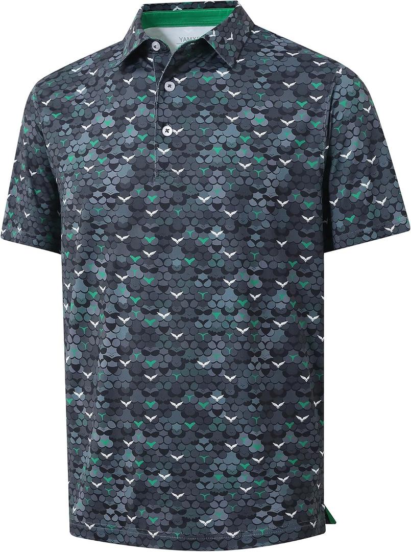 Men's Golf Polo Shirts - Funny Print Moisture Wicking Quick Dry Performance Short Sleeve Collared Sport Casual Shirt (Green, XL)
