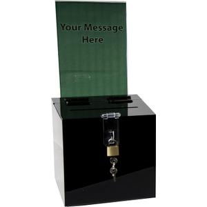 Clear-Ad - Acrylic Donation, Ballot, Raffle or Suggestion Box with Lock and Removable Sign Holder - Plastic Comment or Complaint Container - Plexiglass Multipurpose Box with Slot - Black (6x6)