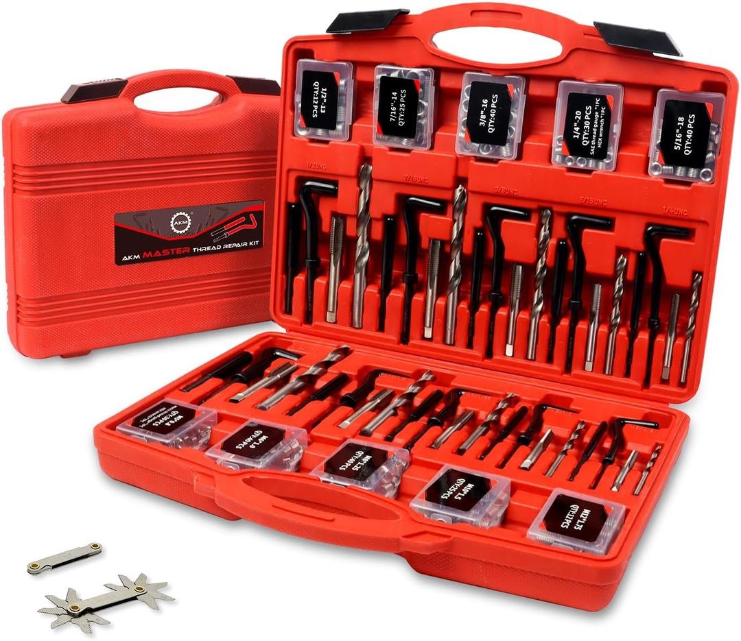 AKM 338Pc Thread Repair Kit, HSS Drill Helicoil Repair Kit SAE&Metric1/4" 5/16" 3/8" 7/16" 1/2" M5 M6 M8 M10 M12 Kit with Thread Gauge