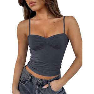 ForeFair Women Y2K Sweetheart Neck Sleeveless Crop Tank Tops Backless Spaghetti Strap Pleated Bustier Camis Going Out Top (Small, Dark Grey)