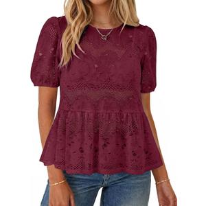 Simplee Womens Summer Lace Tops Boho Hollow Out Crochet Cute Ruffle Peplum Top Western Babydoll Blouses Shirts Beach Vacation (Red, S)