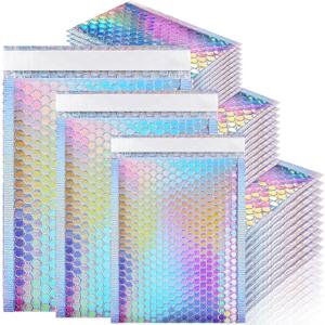 Bubble Mailers, 50 Pack Holographic Bubble Mailers with 3 Sizes, Waterproof Self Seal Adhesive Foil Glitter Glamour Shipping Bags for Mailing, Packing, Small Business, Jewelry Makeup Supplies