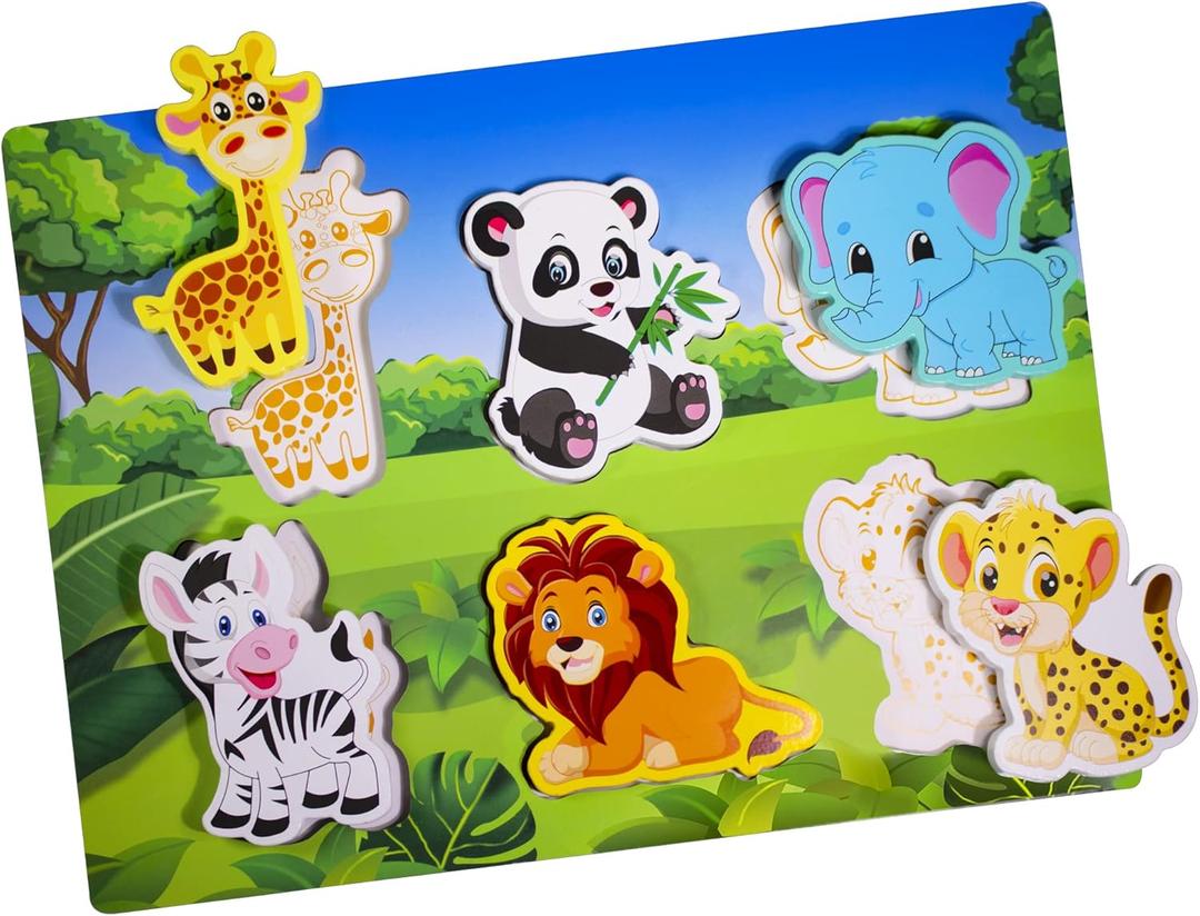 Wooden Peg Puzzle for Toddlers 1-3 Year Old,Funsland Puzzles Gifts Colorful Toys Cartoon Gifts,Zoo Animals Puzzles