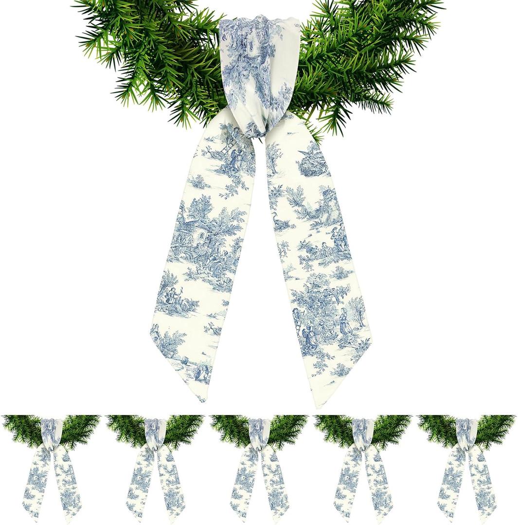 XunYee 6 Pcs Wreath Sash for Front Door Wreath Sash for Embroidery Monogram Garland Decor Accessories Wedding 4th of July Party Yard Indoor Outdoor Wall Cabinet Kitchen(Toile De Jouy) (Blue and White)