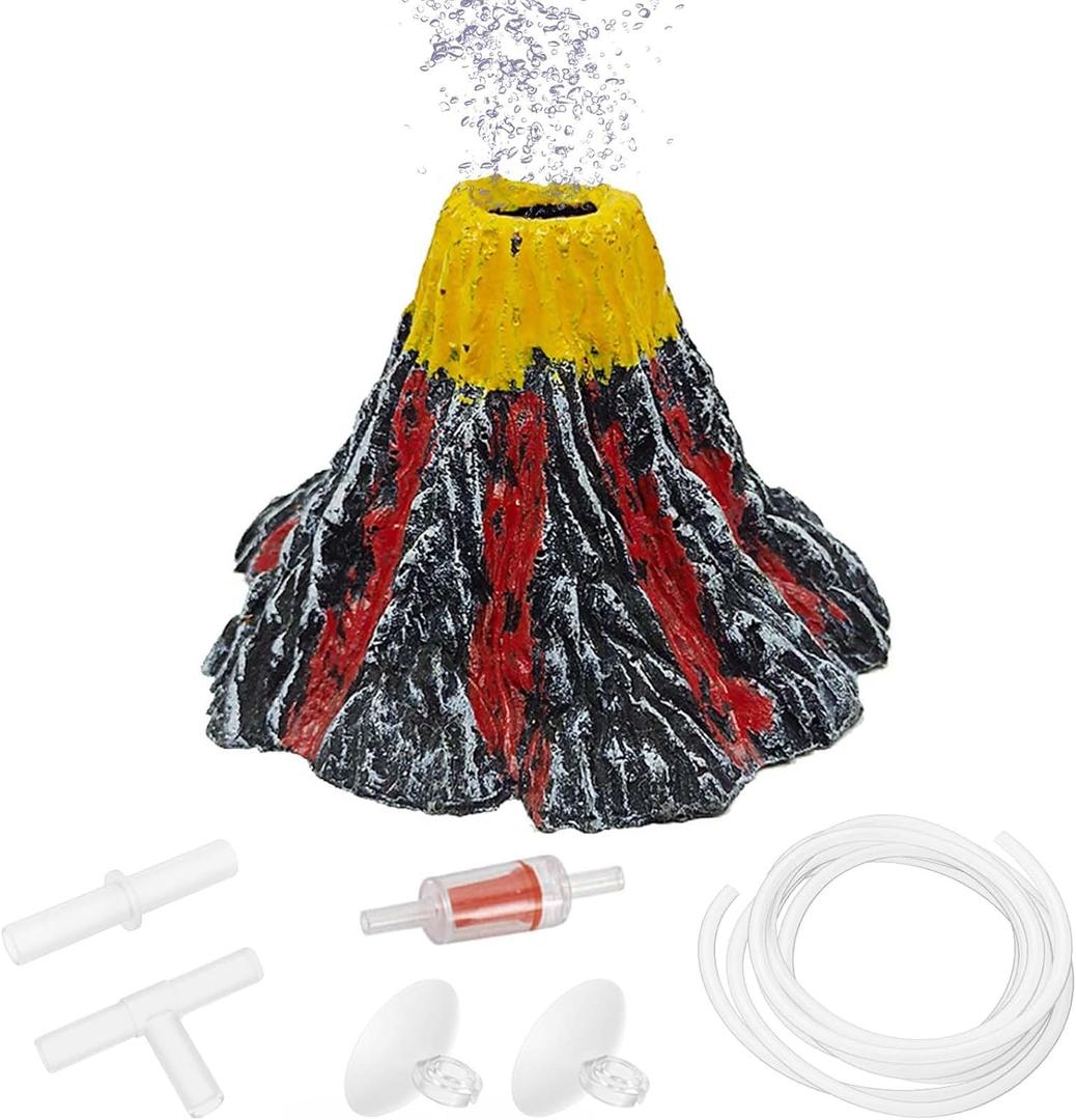 Aquarium Air Bubbler Decoration Kit, Fish Tank Air Stone Set, Realistic Volcano Ornaments with Full Accessories. (Volcano Kit-S)