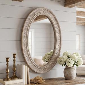 Wood Oval Mirror,20x30"Farmhouse Rustic Decor Bathroom Vanity Wall Mirrors